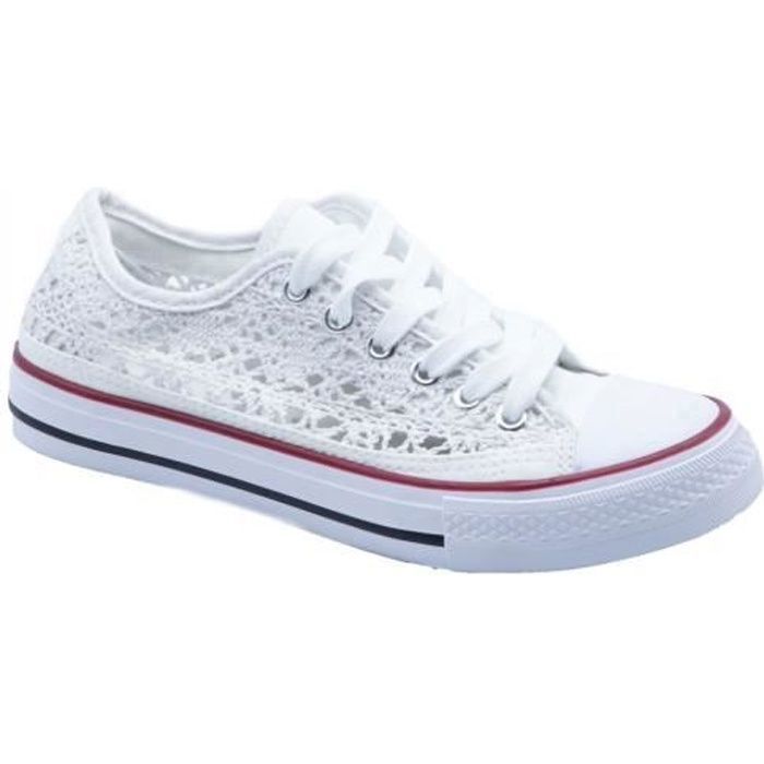 Baskets dentelle toile basses - Primtex - Blanc - Lacets - Femme - Plat - Adulte - Textile